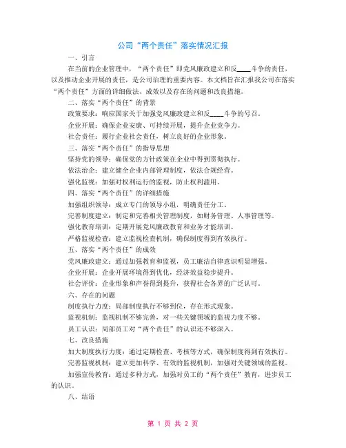 公司“两个责任”落实情况汇报