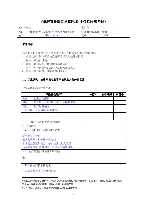 风险评估工作底稿——了解被审计单位及其环境(不包括内部控制)