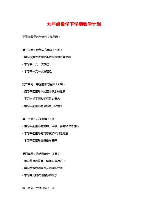 九年级数学下学期教学计划