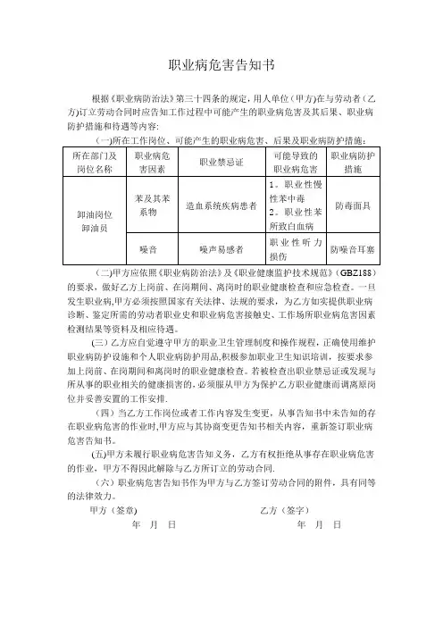 职业病危害告知书-加油站卸油员