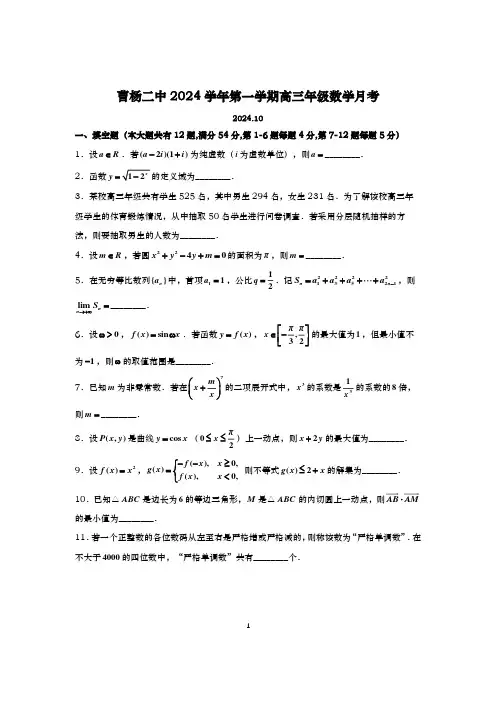 2024-2025学年上海曹杨二中高三上学期数学月考试卷及答案(2024.10)