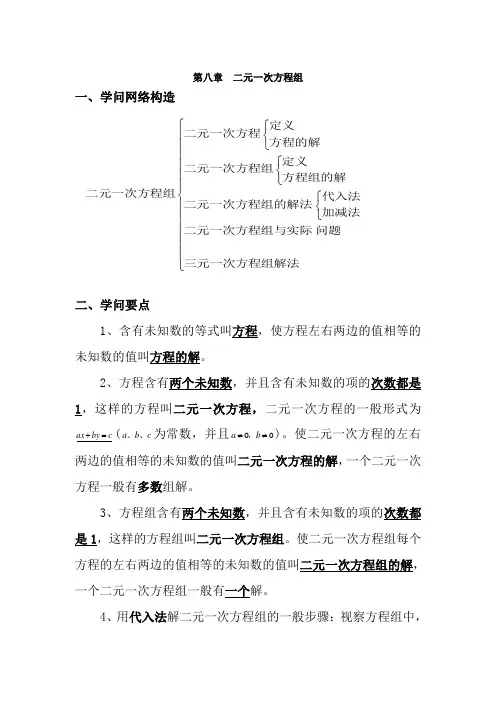 人教版七年级数学下册知识点总结第八章二元一次方程组
