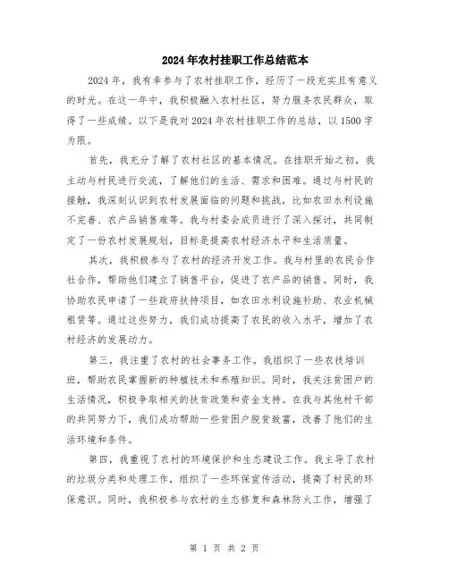 2024年农村挂职工作总结范本
