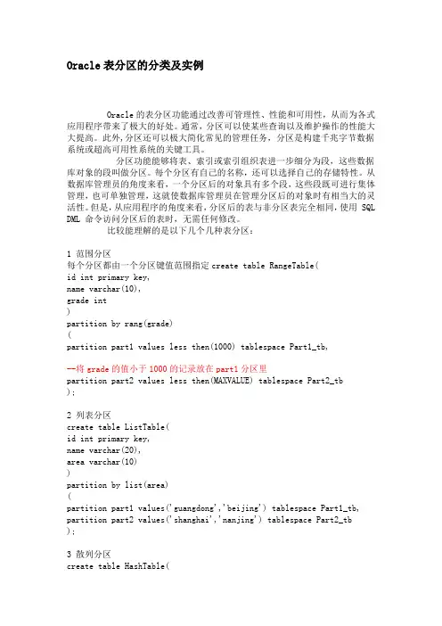 Oracle表分区的分类及实例