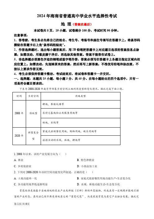 2024年高考真题——海南(地理卷)含答案
