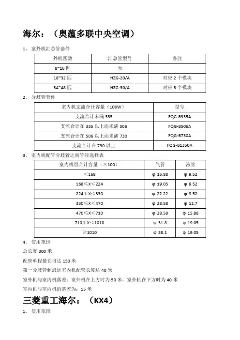各厂家多联机分歧管及管径选择标准