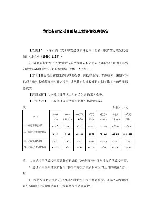 湖北省建设项目前期工程咨询收费标准