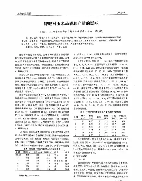 钾肥对玉米品质和产量的影响