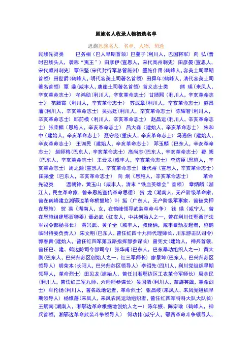 恩施名人收录人物初选名单