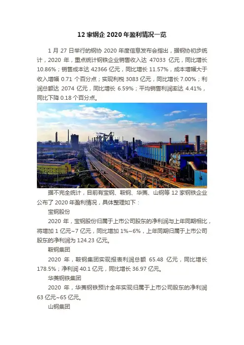 12家钢企2020年盈利情况一览