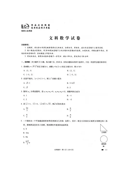 (试卷+解析)2018云南师大附中适应性月考(8)-文数
