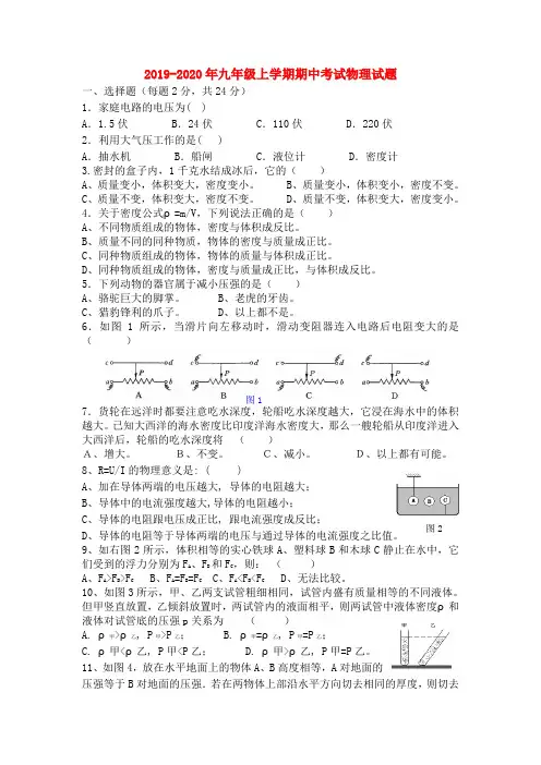 2019-2020年九年级上学期期中考试物理试题
