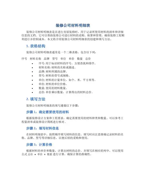 装修公司材料明细表