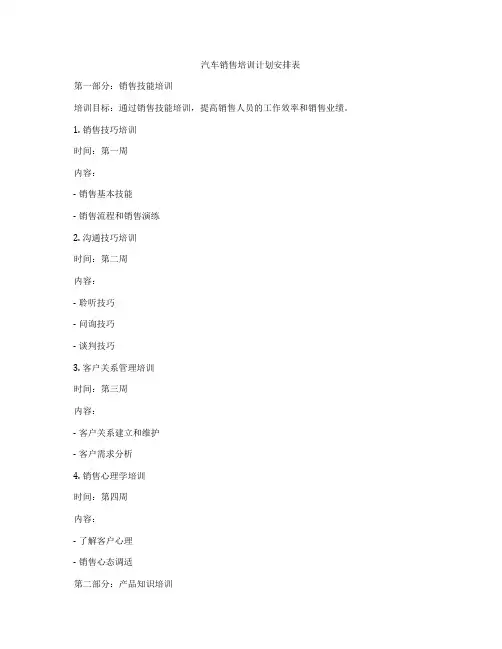 汽车销售培训计划安排表