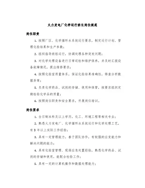 火力发电厂化学运行班长岗位规范