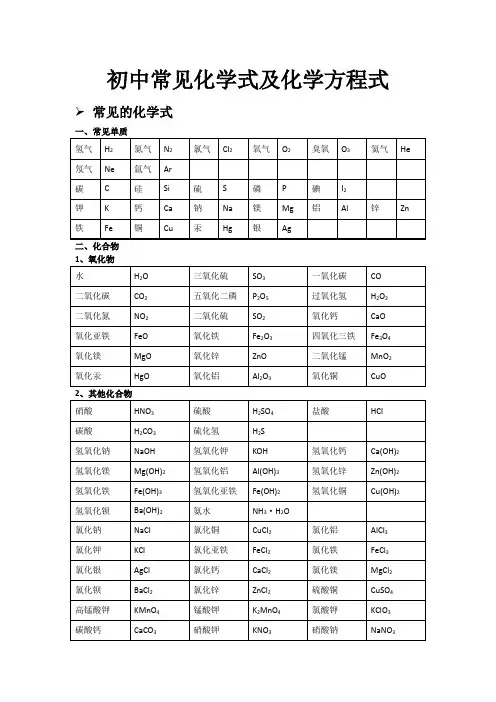 初中常见化学式及化学方程式