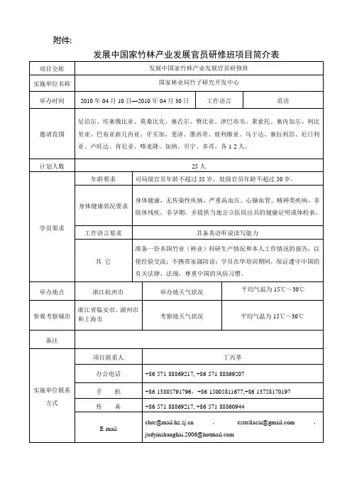 发展中国家竹林产业发展官员研修班项目简介表项目全称发展