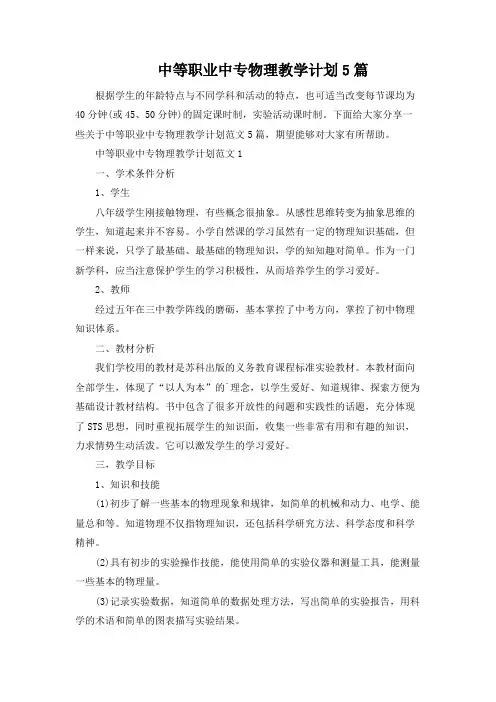 中等职业中专物理教学计划5篇