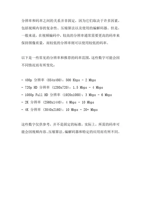 分辨率与码率的对应表