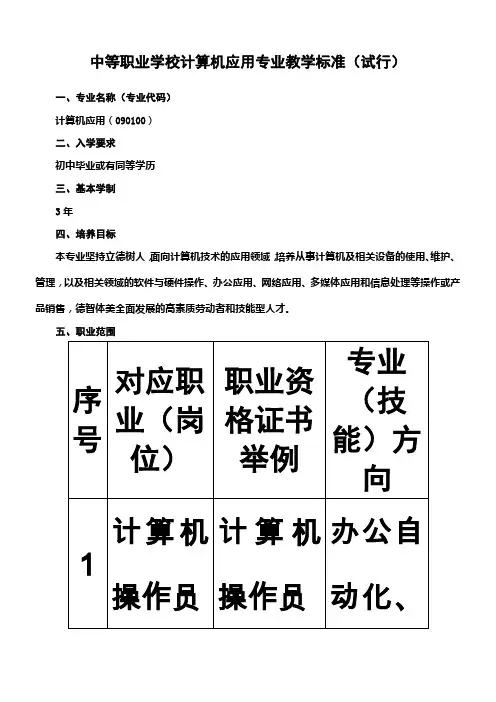 中等职业学校计算机应用专业教学标准