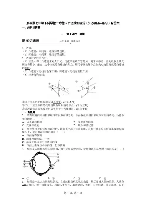 浙教版七年级下科学第二章第6节透镜和视觉(知识要点+练习)有答案