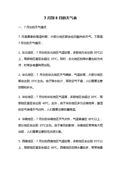 7月到8月的天气表