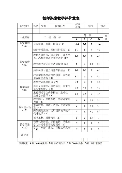 教师教学评价量表