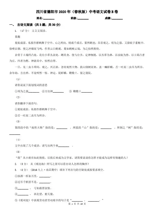 四川省德阳市2020年(春秋版)中考语文试卷B卷