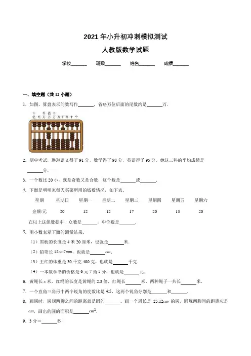 人教版数学六年级下学期小升初考试试卷(含答案解析)