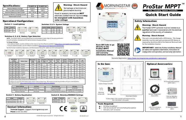 Morningstar 25A 40A MPPT 太阳能充电器- 快速入门指南说明书