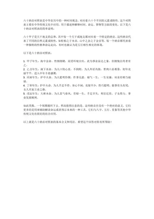 六十年纳音对照表