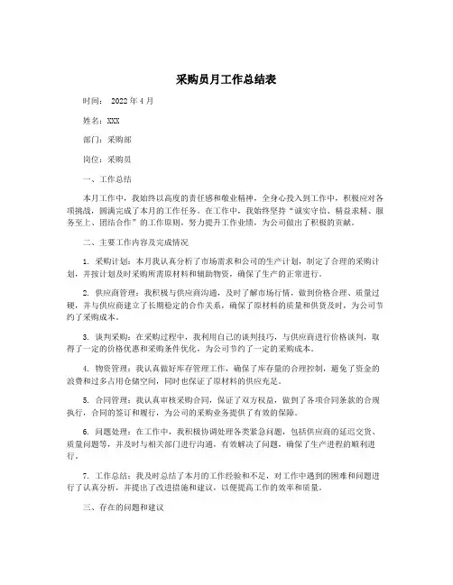 采购员月工作总结表