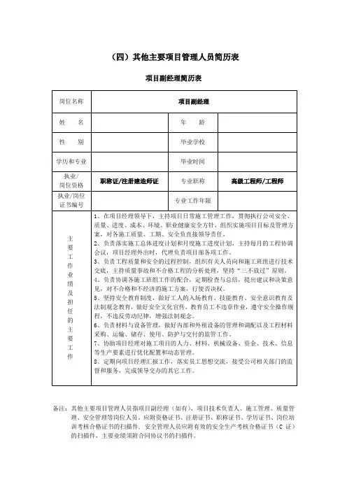 其他主要项目管理人员简历表【投标】