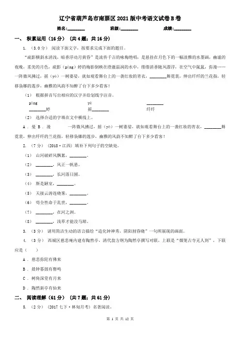 辽宁省葫芦岛市南票区2021版中考语文试卷B卷