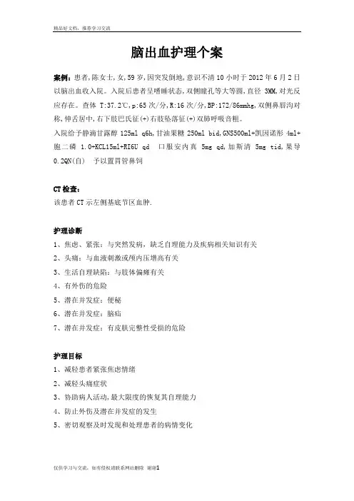 最新脑出血护理个案