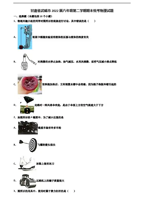 甘肃省武威市2022届八年级第二学期期末统考物理试题含解析