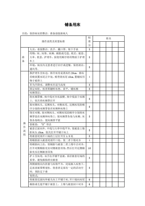护理铺备用床评分标准