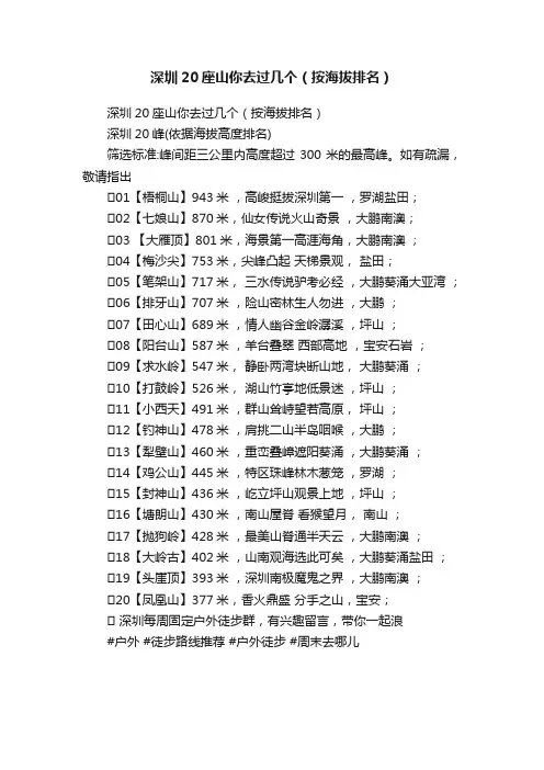 深圳20座山你去过几个（按海拔排名）