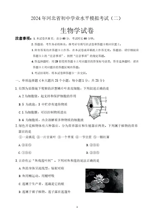 2024年河北省初中学业水平模拟考试生物试卷(含答案)
