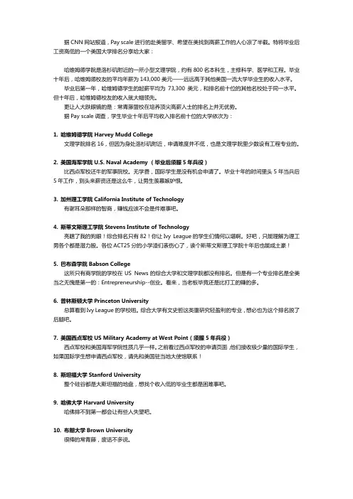 毕业十年后工资最高的美国大学排名
