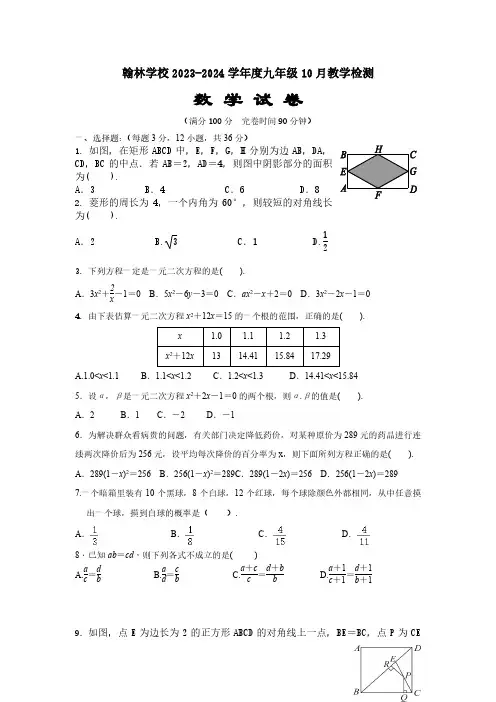 翰林实验学校2023-2024学年九年级数学试卷