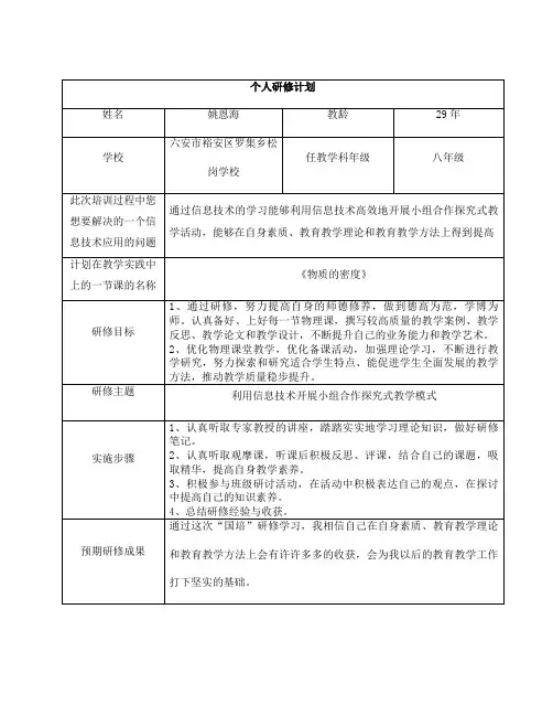 2015年国培个人研修计划(模板)