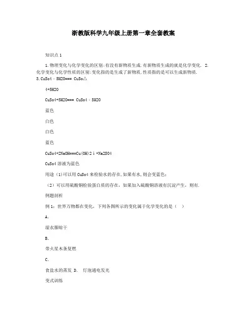 浙教版科学九年级上册第一章全套教案
