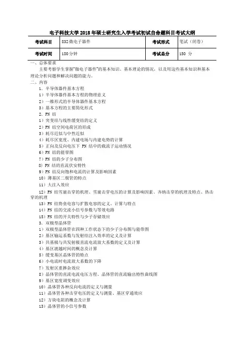 2018年成都电子科技大学832微电子器件考研大纲硕士研究生入学考试大纲
