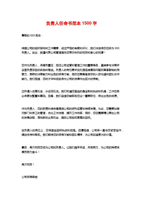 负责人任命书范本