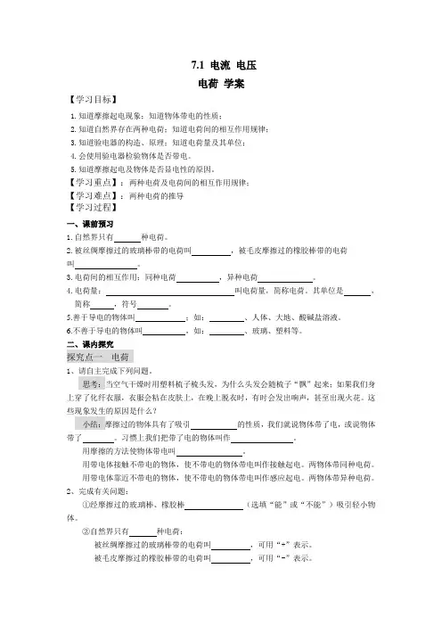 沪教版(上海)九年级上册物理 7.1 电流 电压 电荷 学案