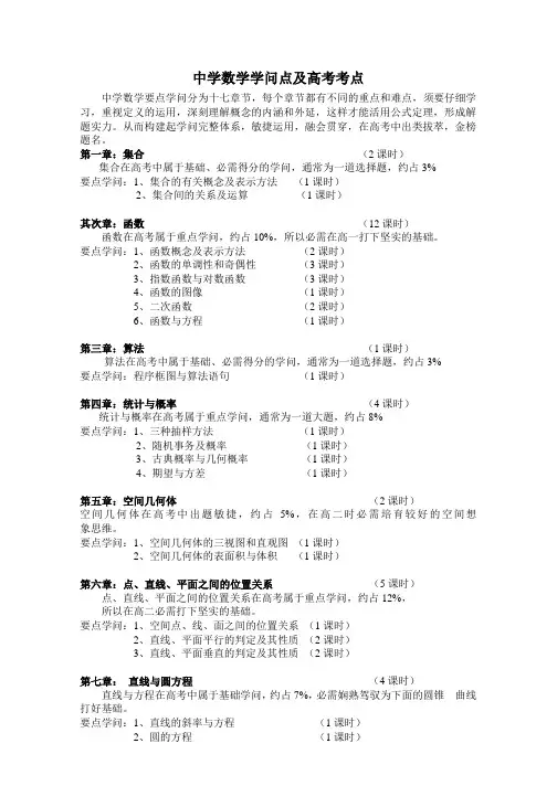 高中数学知识点分布及均课时