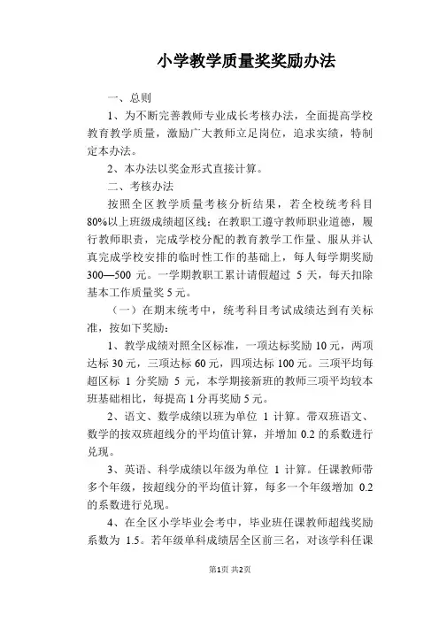 【学校管理规章制度】小学教学质量奖奖励办法