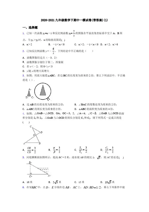 2020-2021九年级数学下期中一模试卷(带答案)(1)
