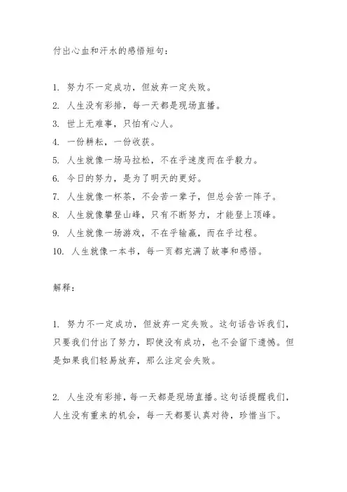 付出心血和汗水的感悟短句